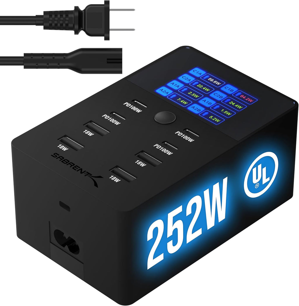 SABRENT Charger, 252W 8-Port Desktop Charging Station w/Real-Time LCD Display