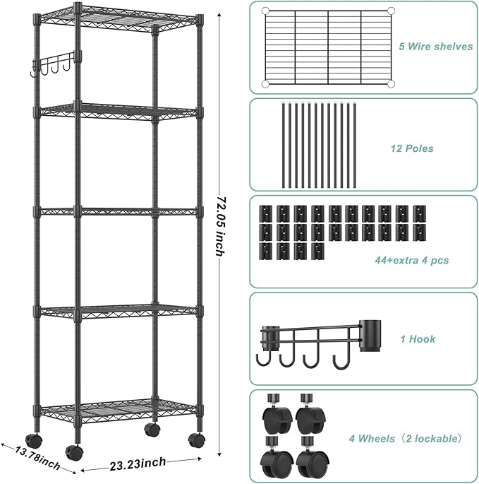 Himimi 5-Tier Wire Shelving Unit on Wheels, Adjustable Heavy Duty Metal Shelves - Image 3