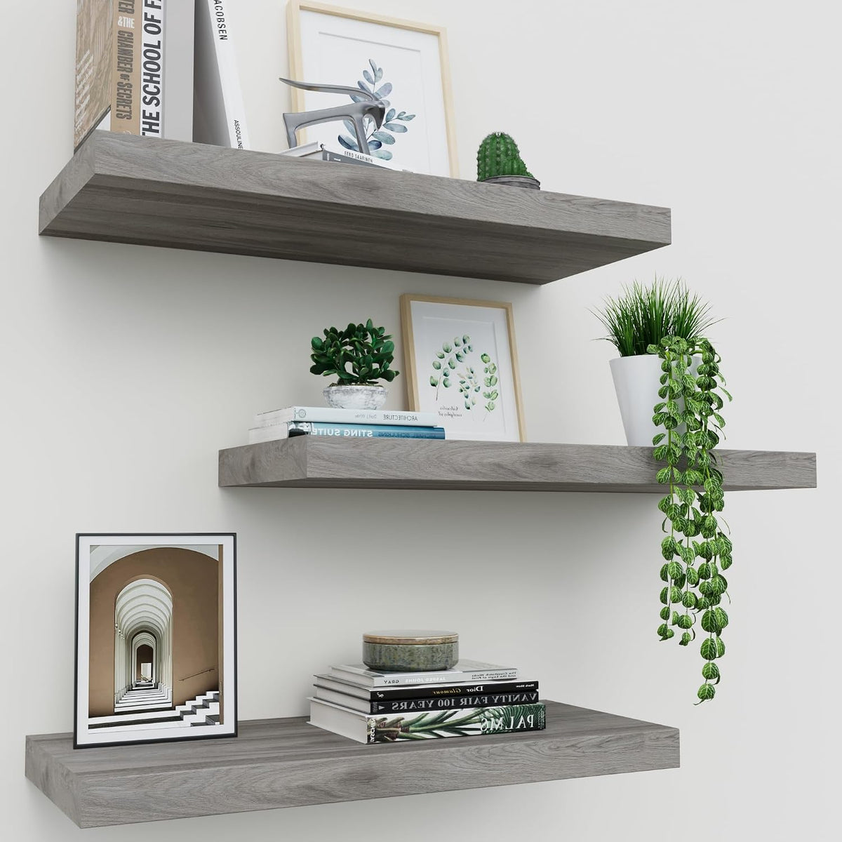 Floating Shelves for Wall Set of 3, 16" Gray Wall Shelves for Home Decor