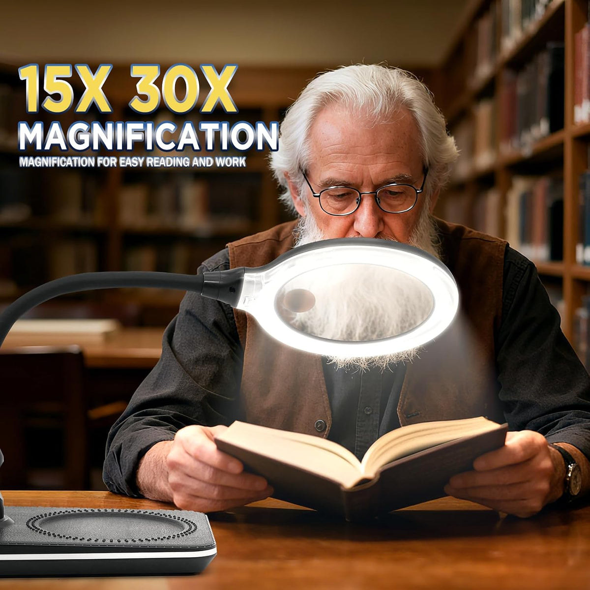 15X 30X Rechargeable Magnifying Glass with Light and Stand for Reading