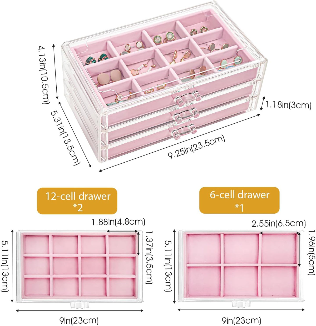 ProCase Earring Holder Organizer Jewelry Box with 3 Drawers, Pink