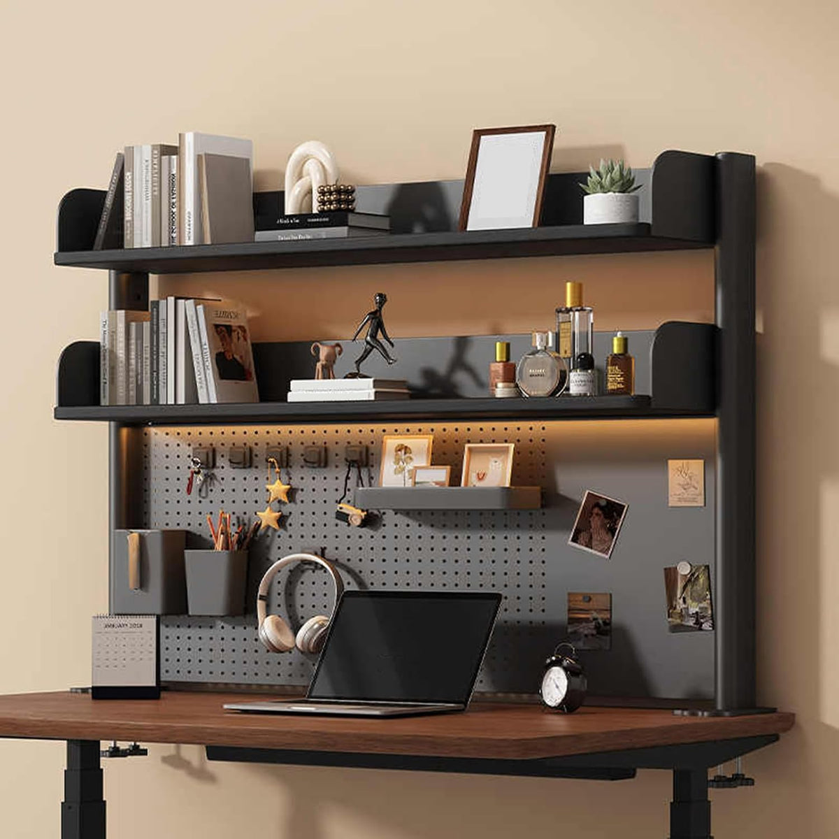31.4in Clamp on Desk Shelf with Pegboard, Black Desktop Bookshelf Organizer