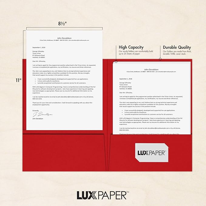 LUXPaper 9" x 12" Presentation Folders | Two Pocket | Ruby Red | 100lb. Cover | - Image 4