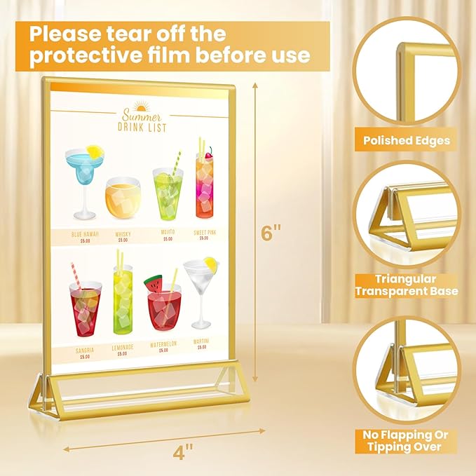 4x6 Gold Acrylic Sign Holder, 12 Pack Wedding Table Number Holder Stands - Image 5