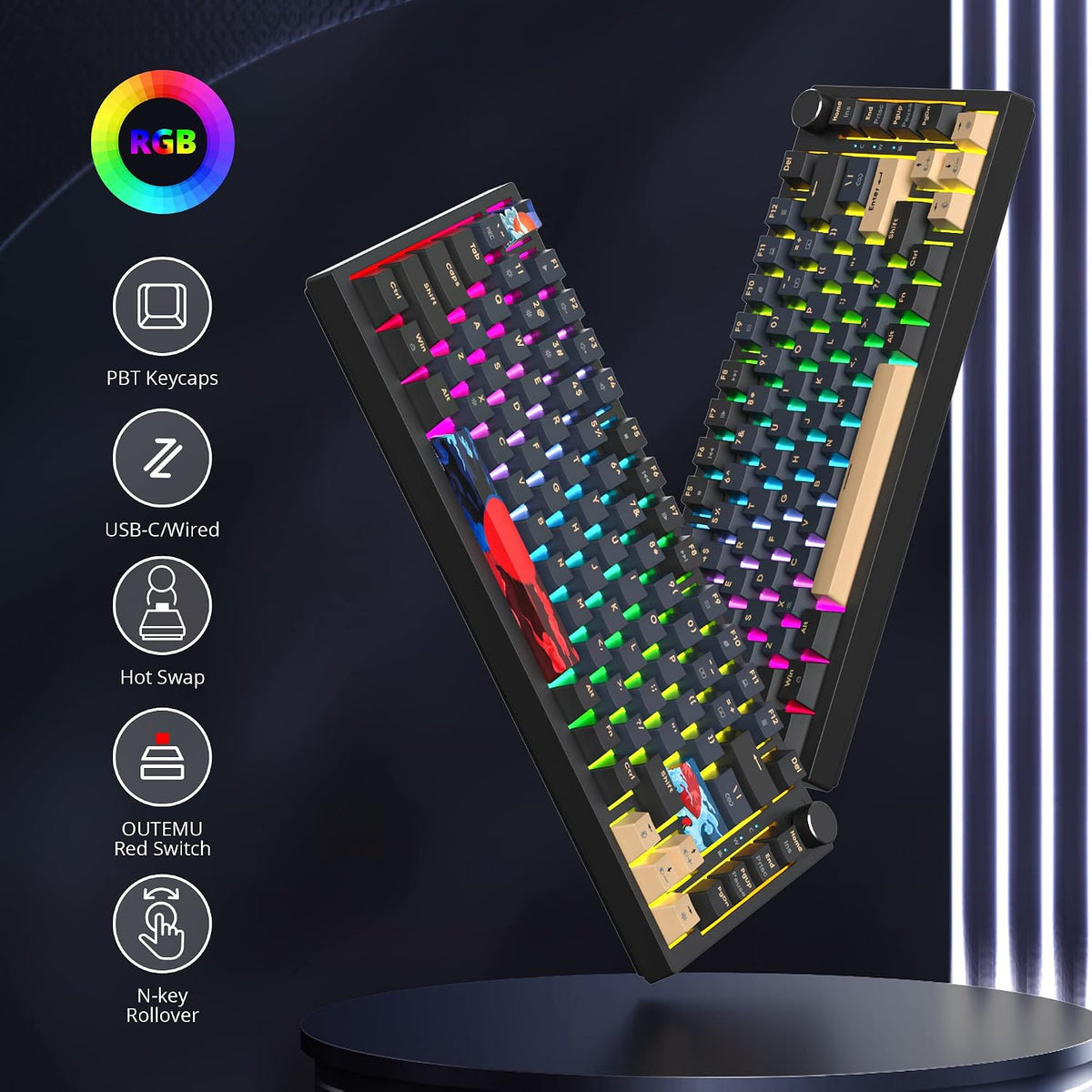BlueSamurai 75% Wired Mechanical Gaming Keyboard - Hot Swappable, Red Switch,...