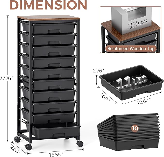 SYKIARIOL Rolling Cart with Drawers, 10 Drawer Rolling Cart, Rolling storage - Image 2