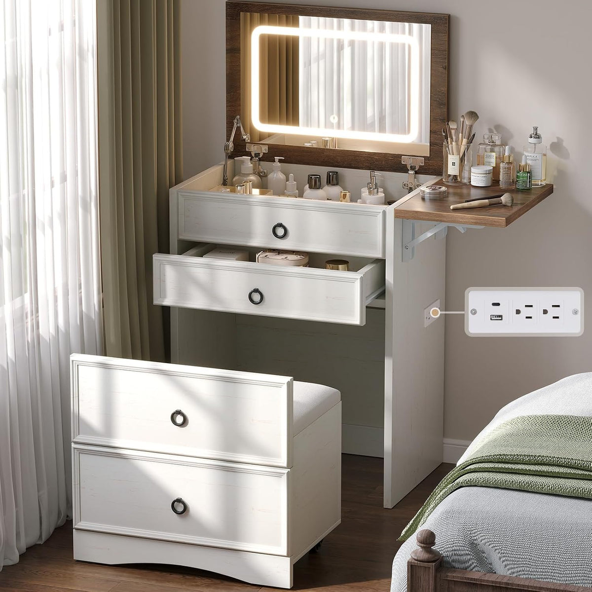LUXOAK 3 in 1 Compact Makeup Vanity Desk with Hidden Chair & Mirror, White