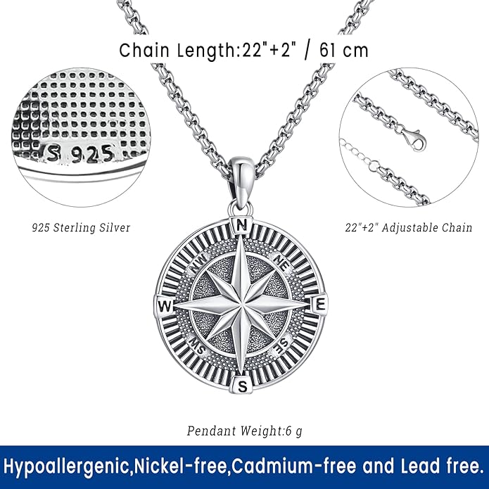 Compass Necklace for Women Men 925 Sterling Silver Pendant Urn Necklaces for - Image 3