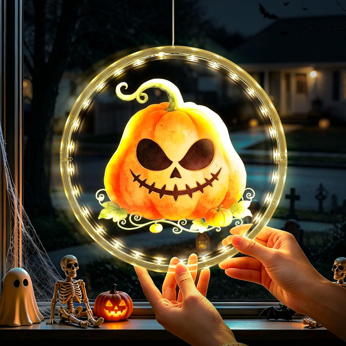 3 Pack Rechargeable Indoor Halloween Window Lights,4/6/12H Timer Function