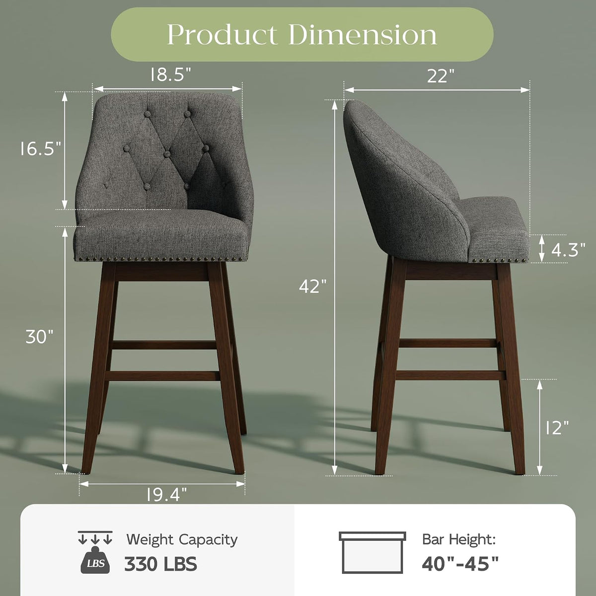 30" Bar Height Swivel Bar Stools Set of 4, Grey