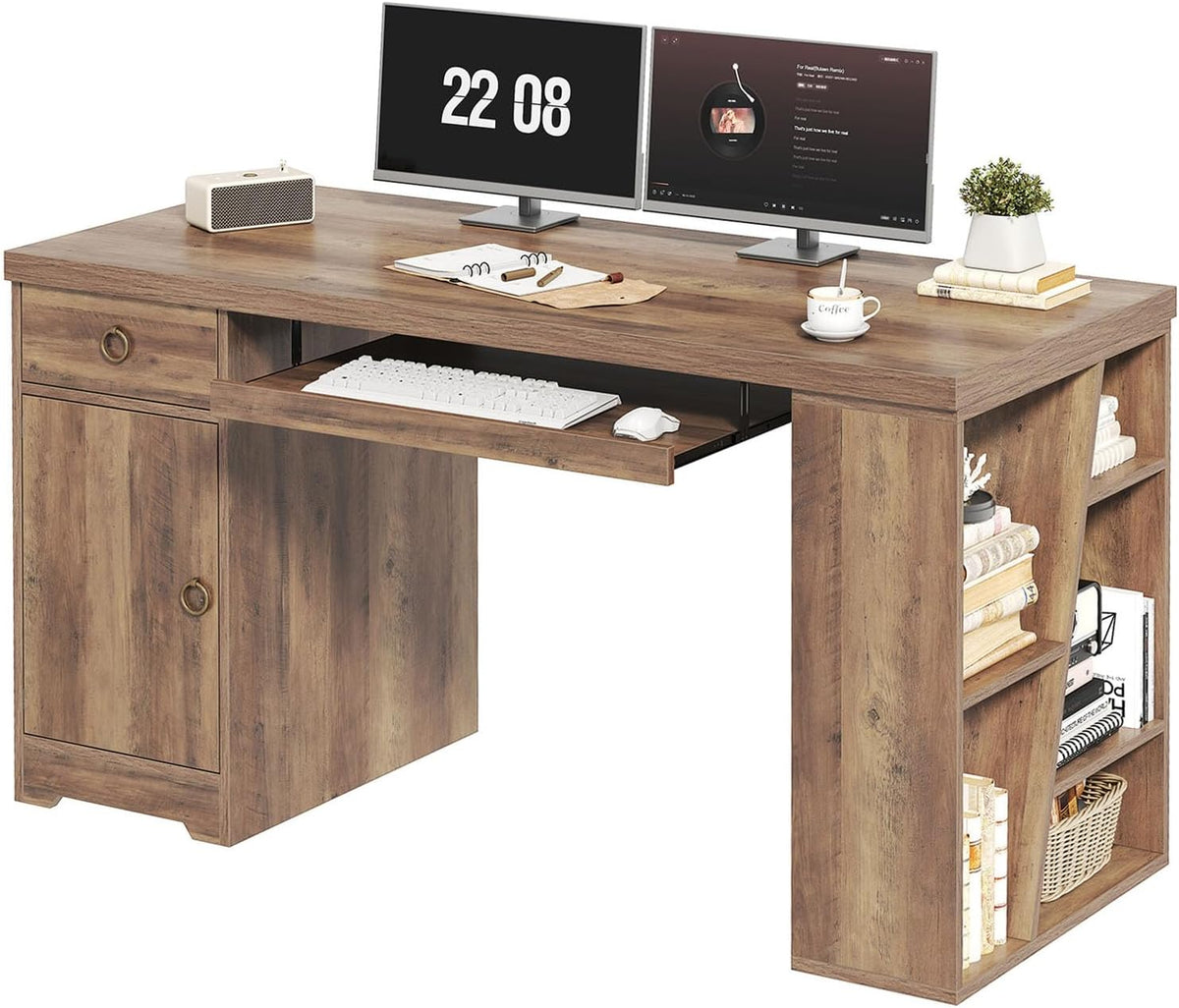 HSH Office Desk with Keyboard Tray, Computer Desk with Storage, 55 Inch