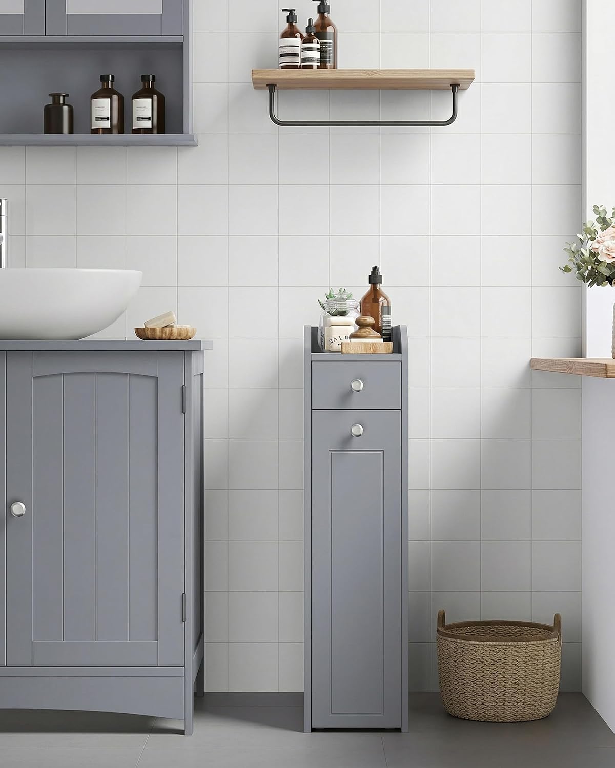 VASAGLE Small Bathroom Storage Cabinet, with Slide Out Drawers，Dove Gray