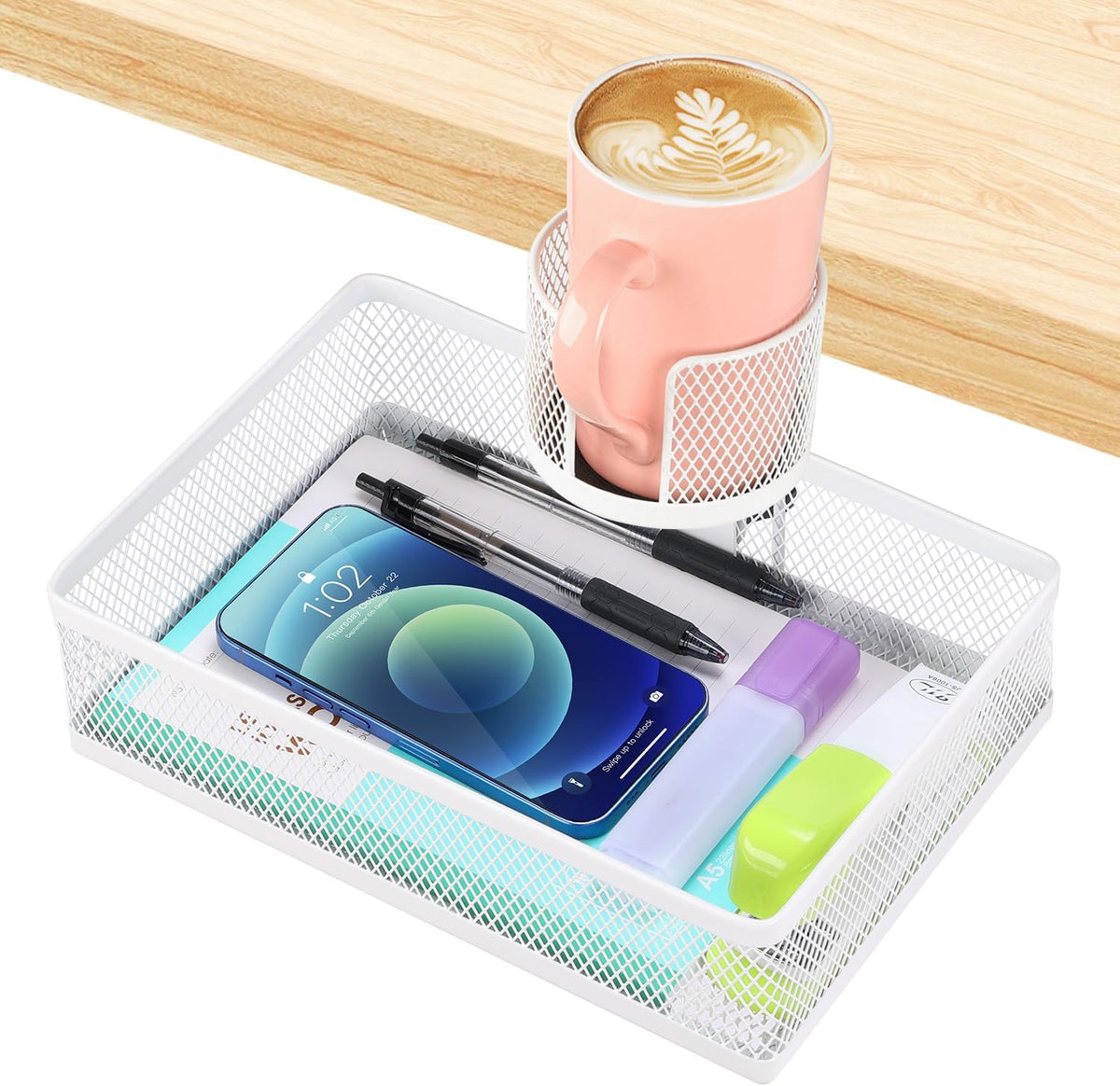 ROSYLINE Rotary Under Desk Storage Organizer with Cup Holder & Drawer Tray
