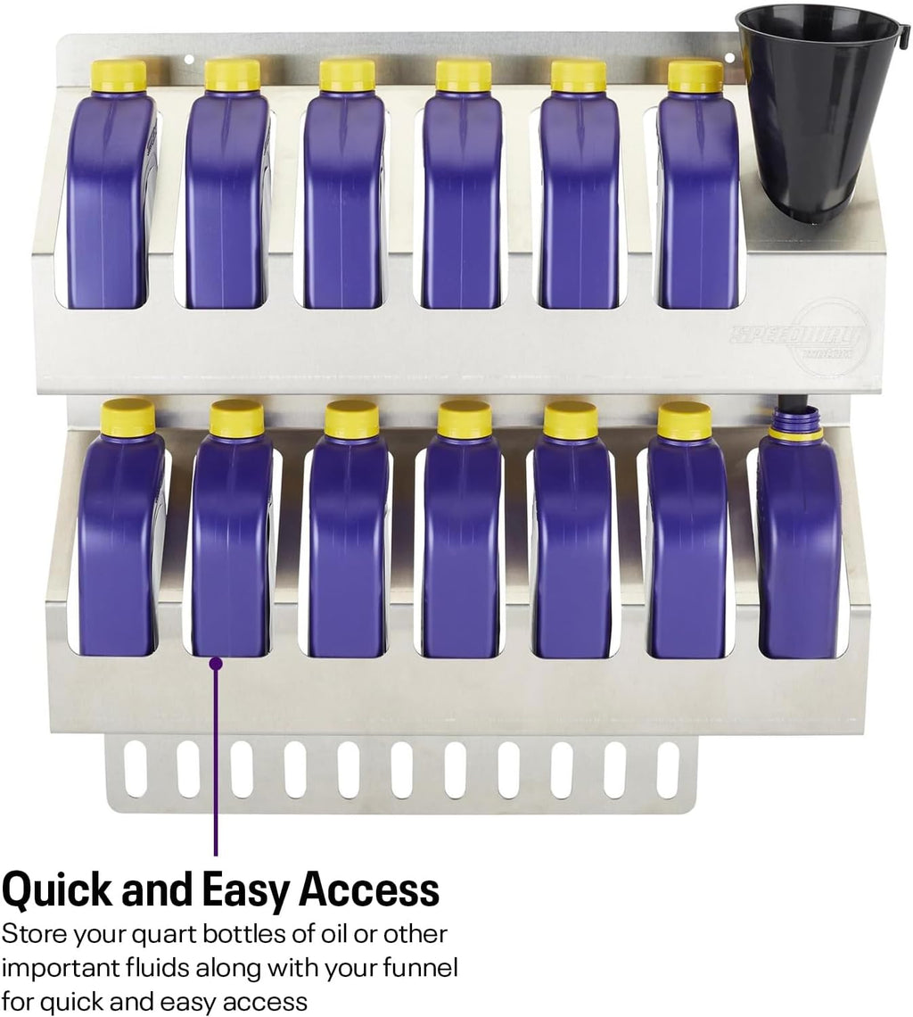speedway motors 12 quart oil storage shelf, aluminum shown in use