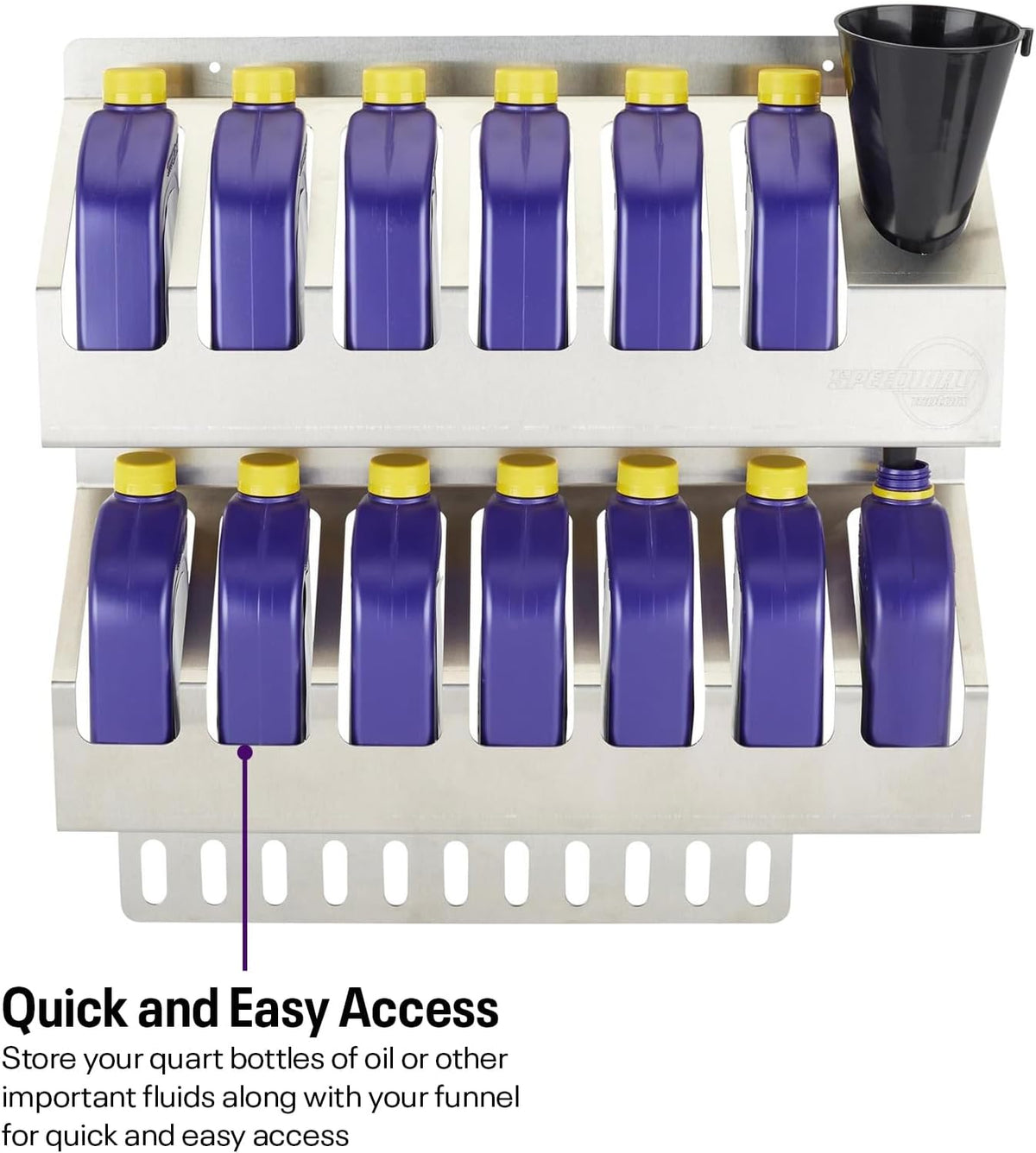 speedway motors 12 quart oil storage shelf, aluminum shown in use