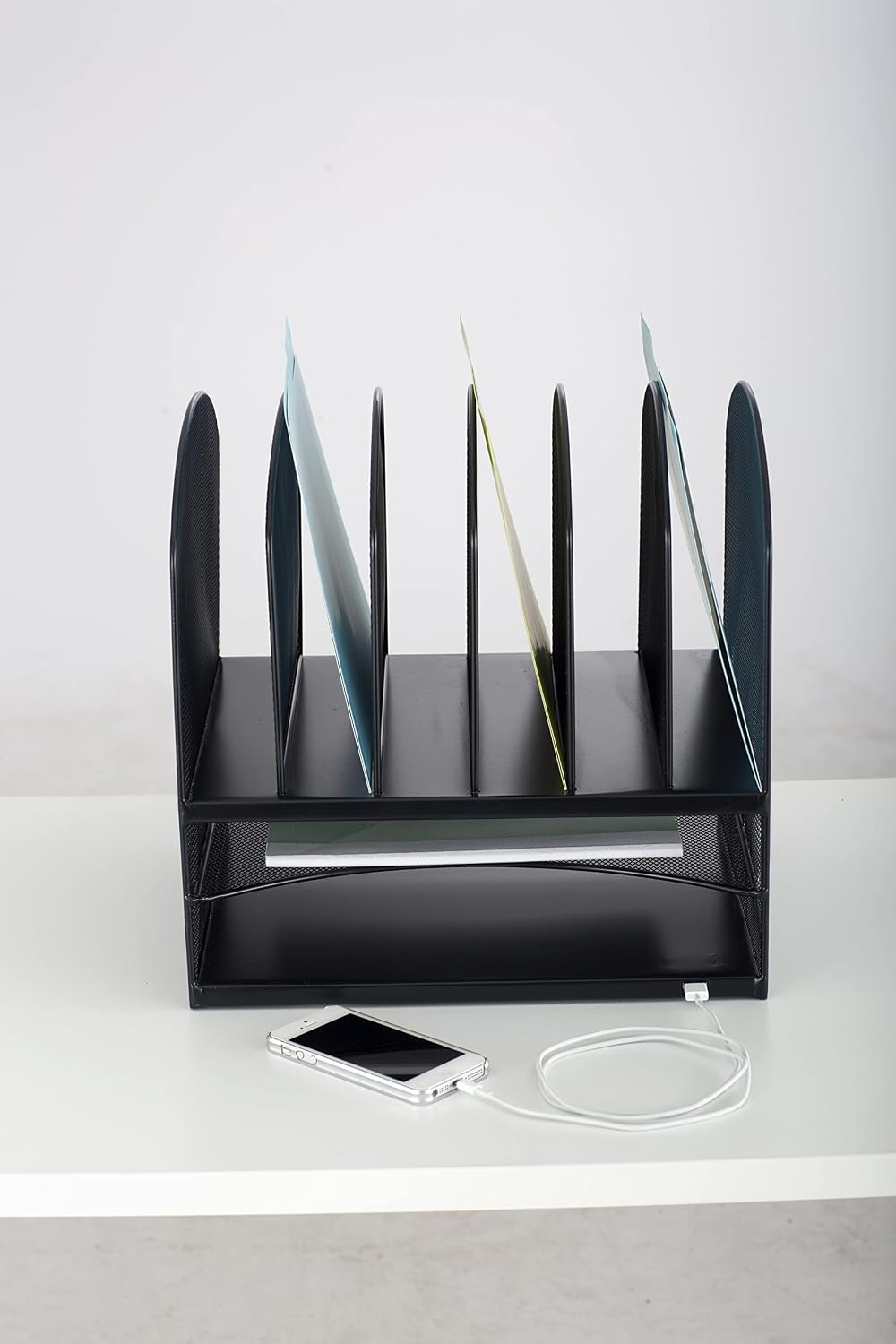 Safco 3233BL Onyx Mesh Powered Charging Station Desktop Organizer with 6 Vert...