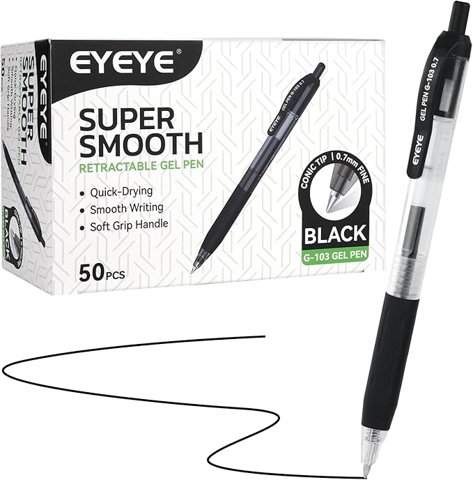 EYEYE G-103 Retractable Gel Pens Black 0.7mm, 50 Pack Medium Point Gel Ink Pens by eyeye