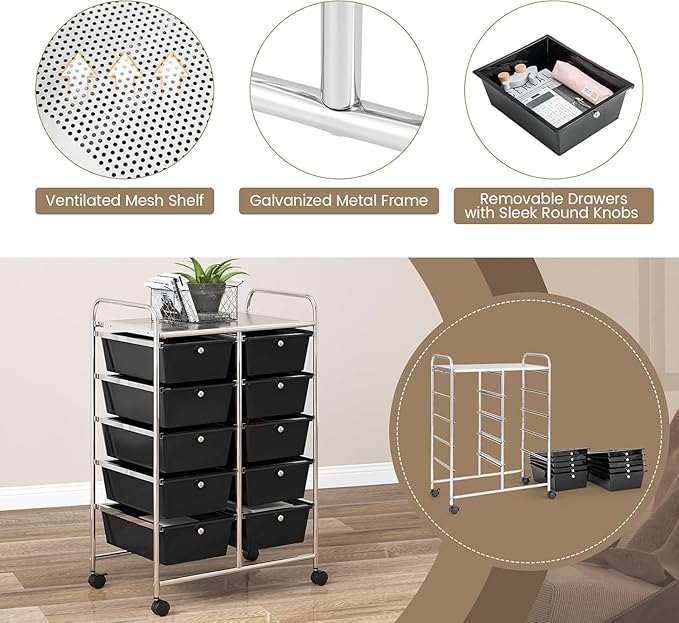LDAILY 10 Drawer Rolling Cart, Storage Cart Organizer on Wheels, Drawer Cart - Image 7