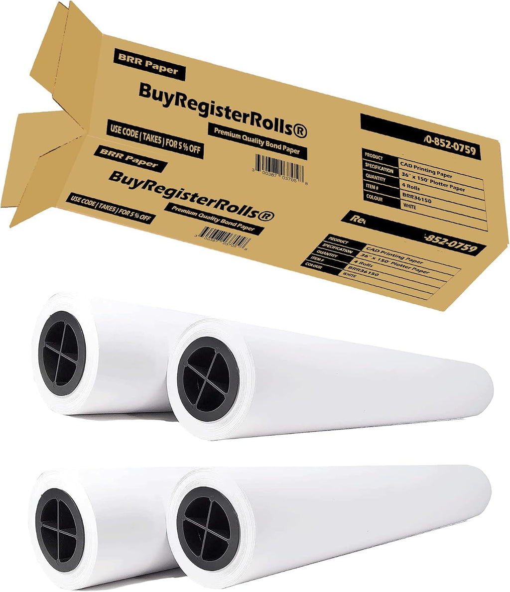 36’’ x 150’ Plotter Paper (New & Premium 4 Rolls) 20 lb Uncoated 96 Bright White (75 GSM with 2’’ Core) CAD Paper Rolls For Engineers, Architects, Copy Service Shops w/Inkjet Printers