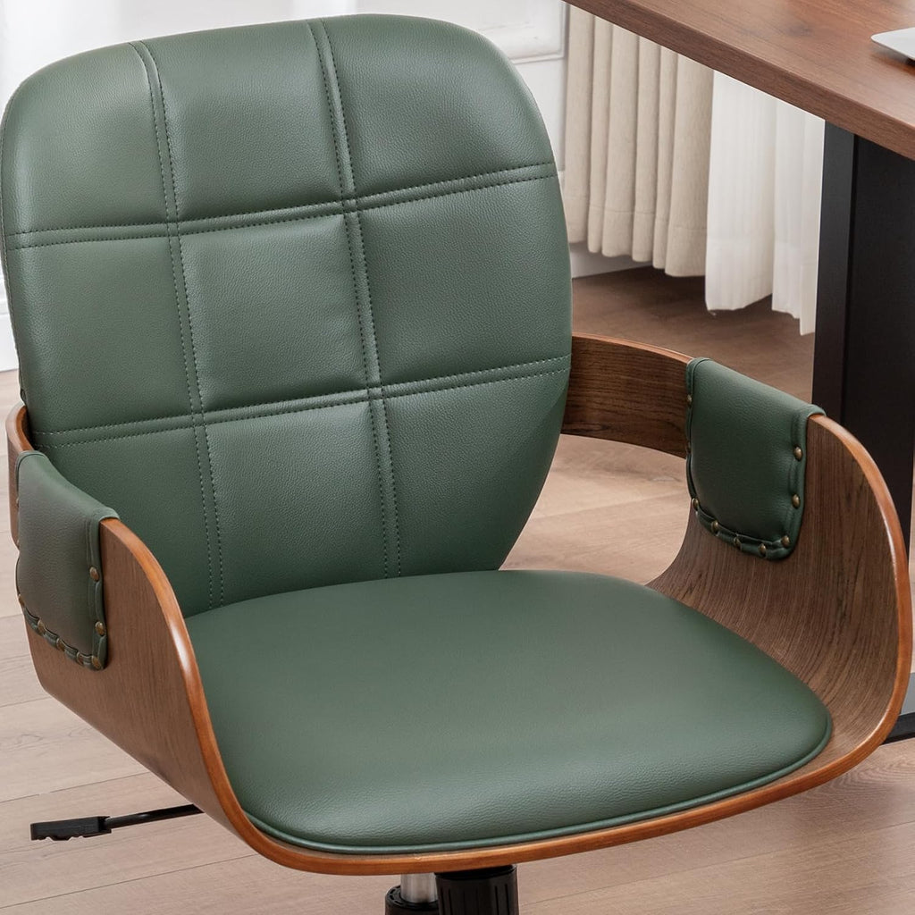 Mid Century Modern Desk Chair, Faux Leather Office Chair with Walnut Finish | Ergonomic Curved Back, Bentwood Frame, 360° Swivel & Rocking Function, Height Adjustable 19"-23", Support Up to 350 lbs