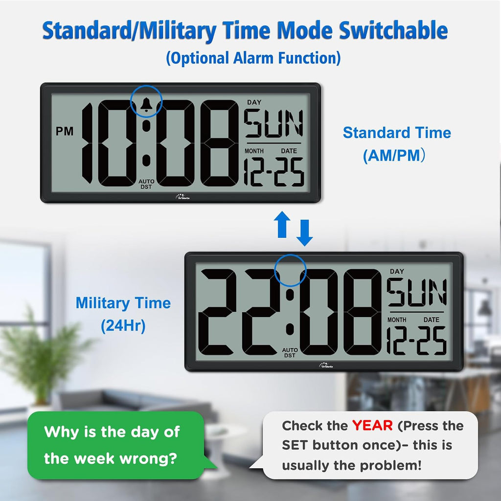 wallarge 14.5'' large digital wall clock battery operated, side view