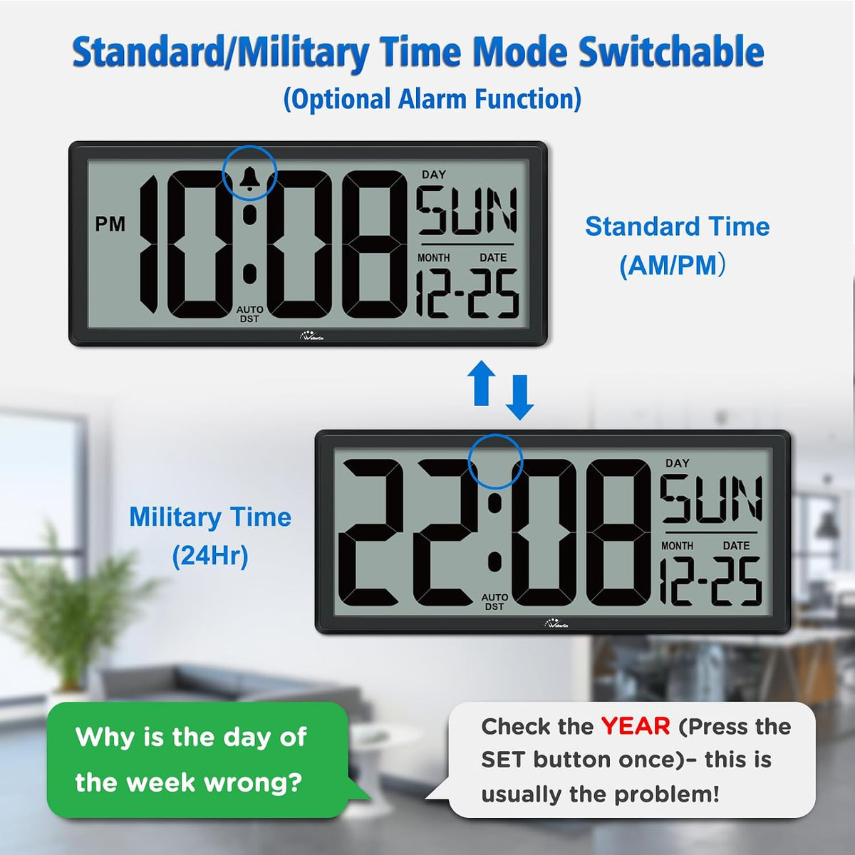 wallarge 14.5'' large digital wall clock battery operated, side view
