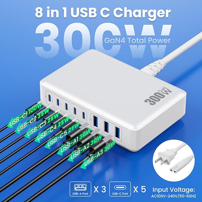 USB C Charger 300W USB C Charger Block 8-Ports GaN IV Fast Charging Station - Image 2