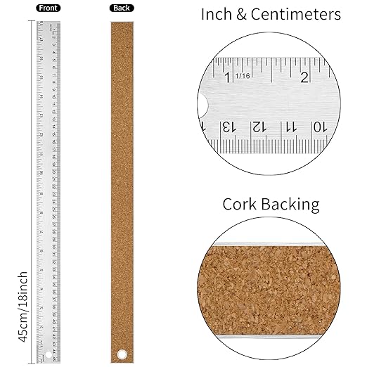 Metal Ruler with Cork Backing, 18 Inch Stainless Steel Rulers 18 Inch Metal - Image 2