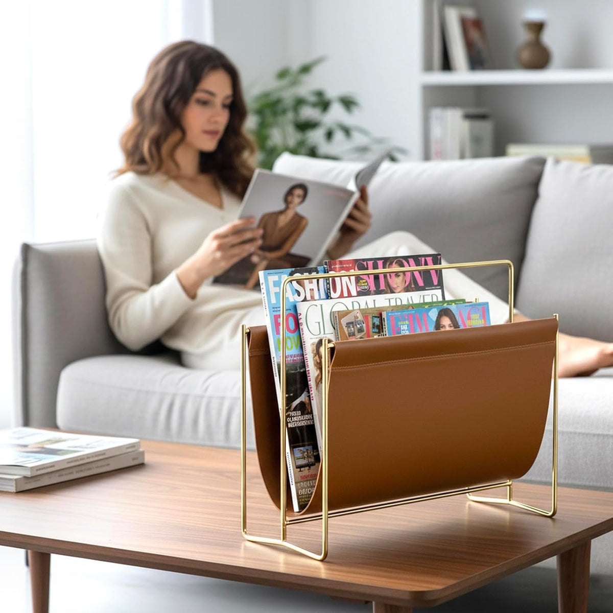 MyGift Caramel Leatherette Magazine Holder with Brass Metal Frame, 15 Inch