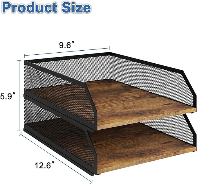 Natwind 2-Tier Stackable Paper Tray, Metal Mesh Desktop Organizer, Wood Board - Image 2