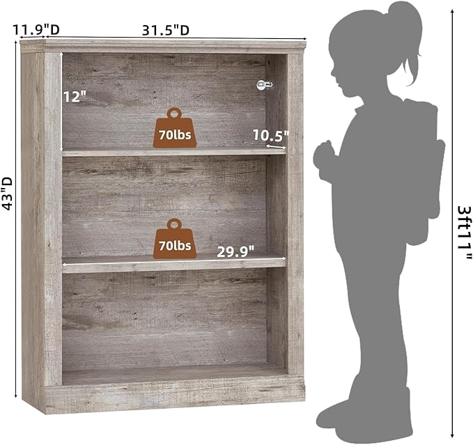 RWYHG 43" Grey Tall Bookshelf Set of 2, 3-Tier Thick Wooden Book Shelf - Image 2