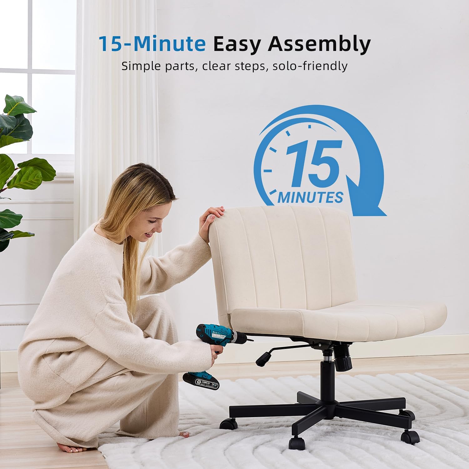 amseatec Criss Cross Office Chair with Wheels, Fabric Makeup Vanity Chair | Extra-deep 20.5" seat for cross-legged sitting. 330 lbs, SGS gas lift. 90-115° tilt, 360° swivel. Soft fabric, armless