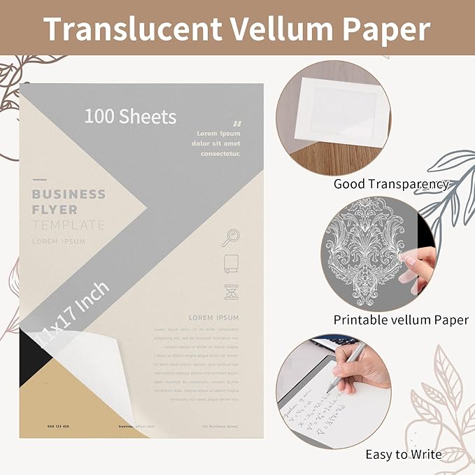 100 PCS 11x17 Inch Translucent Vellum Paper 60 GSM Drafting Vellum Tracing - Image 2