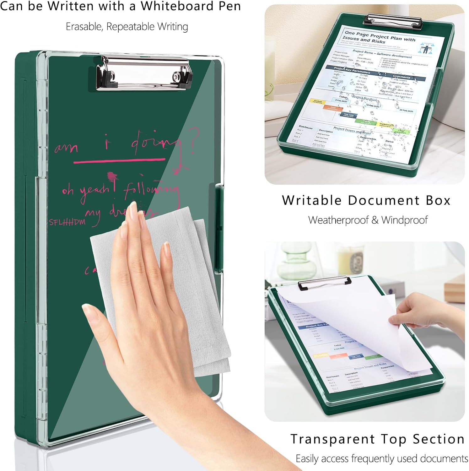 SFLHHDM Clipboard with Storage,Heavy Duty Clip Boards 8.5x11 with 2 Storage Case,Clear Visible Panel Storage Clipboards,Side Opening Nursing Clipboard Folder for Office Supplies-Emerald