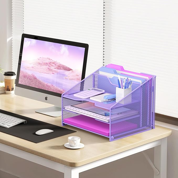 Samstar Purple Desk File Organizer, Mesh Letter File Folder Holder - Image 3