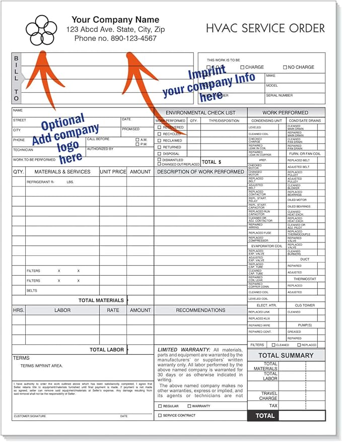 HVAC Service Order Invoice & Repair Detail Form, 3 Part Carbonless, Letter Size - Image 2