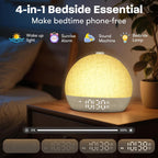 wake up light sunrise alarm clock, white noise shown in use