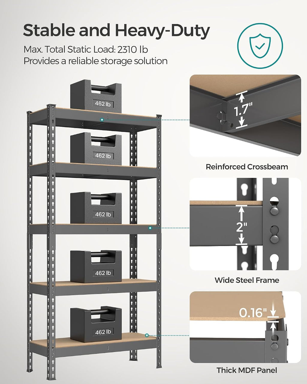 songmics 5-tier storage shelves, load 2310 lb, garage, side view
