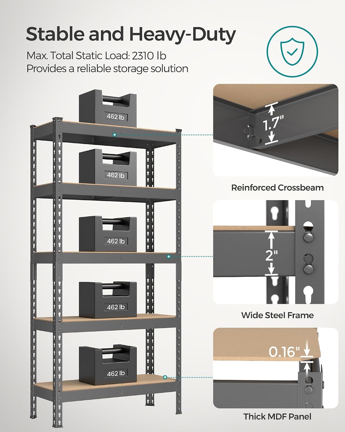 songmics 5-tier storage shelves, load 2310 lb, garage, side view