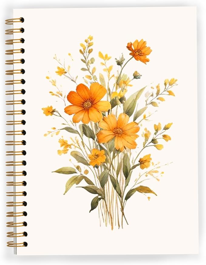 JWVK Rustic Orange Floral Spiral Notebook, Cottagecore Wild Flower Botanical by JWVK