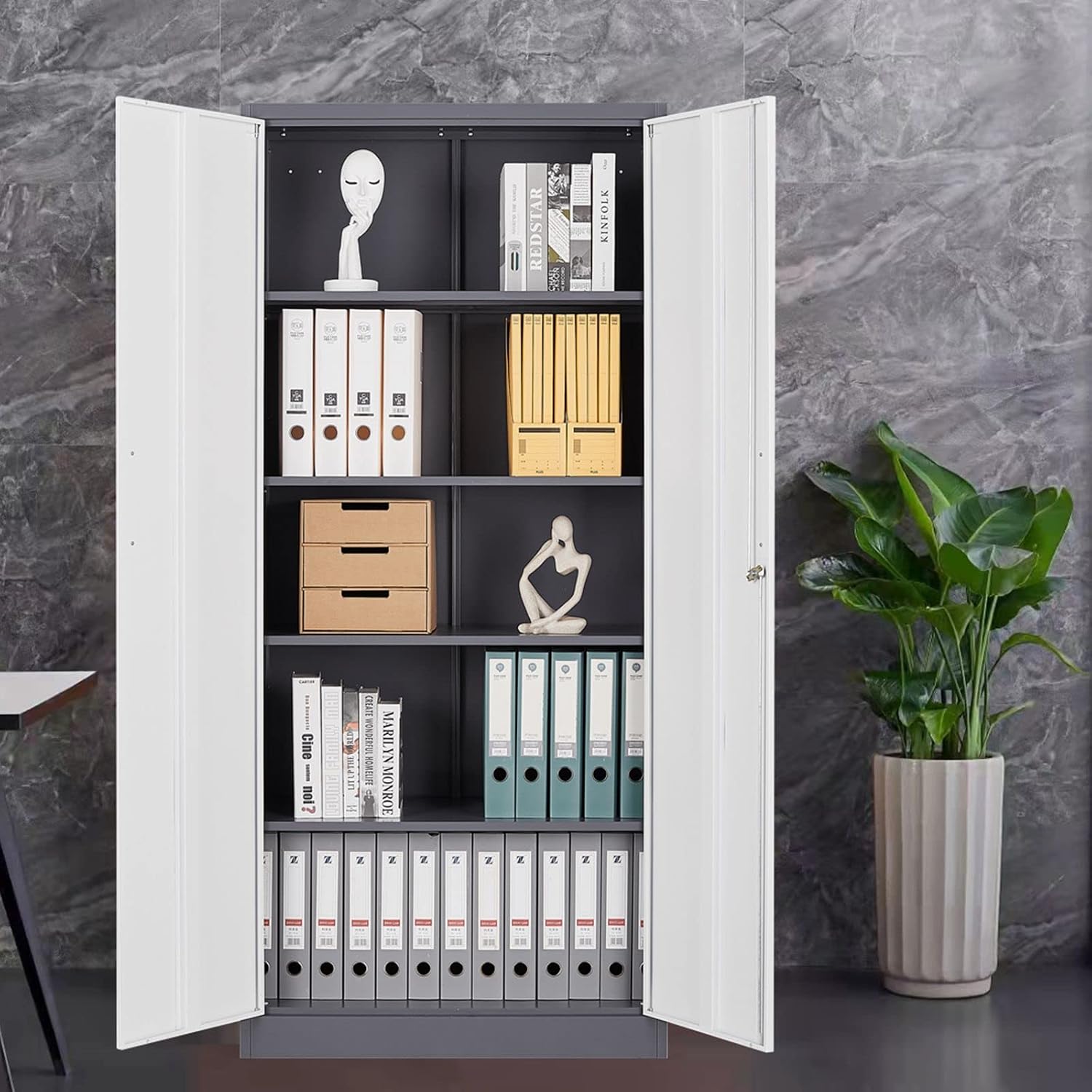 MIIIKO Metal Cabinet with Doors and Shelves, Tall Filing Cabinet for Home Office with Lock, 5 Shelf Steel Storage Cabinet for Office, School, and Garage