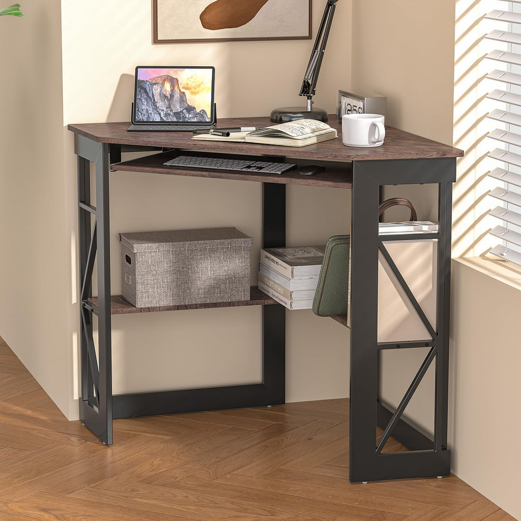 VECELO Corner Desk Computer Desk Writing Table with Smooth Keyboard Tray&Storage Shelves for Small Spaces/Compact Home Office Triangle Table,Brown