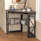 VECELO Corner Desk Computer Desk Writing Table with Smooth Keyboard Tray&Storage Shelves for Small Spaces/Compact Home Office Triangle Table,Brown