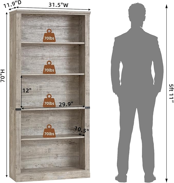 RWYHG 70" Grey Tall Bookshelf Set of 2, 5-Tier Thick Wooden Book Shelf - Image 2