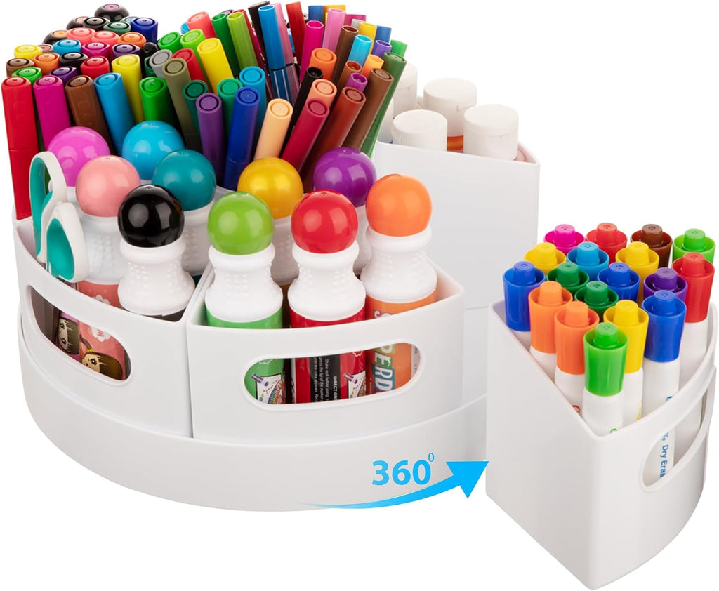 CraftGenes Rotating Art Supply Organizer, 7 Removable Compartments, White | Extra-large 360-degree desk caddy for markers, crayons and craft supplies, with 7 removable compartments and a non-slip base.