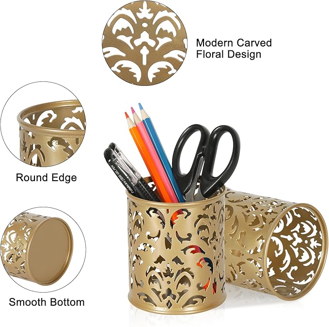 EasyPAG Gold Pen Holder for Desk, 2 Pack Round Pen Organizer, Brush Holder for - Image 2