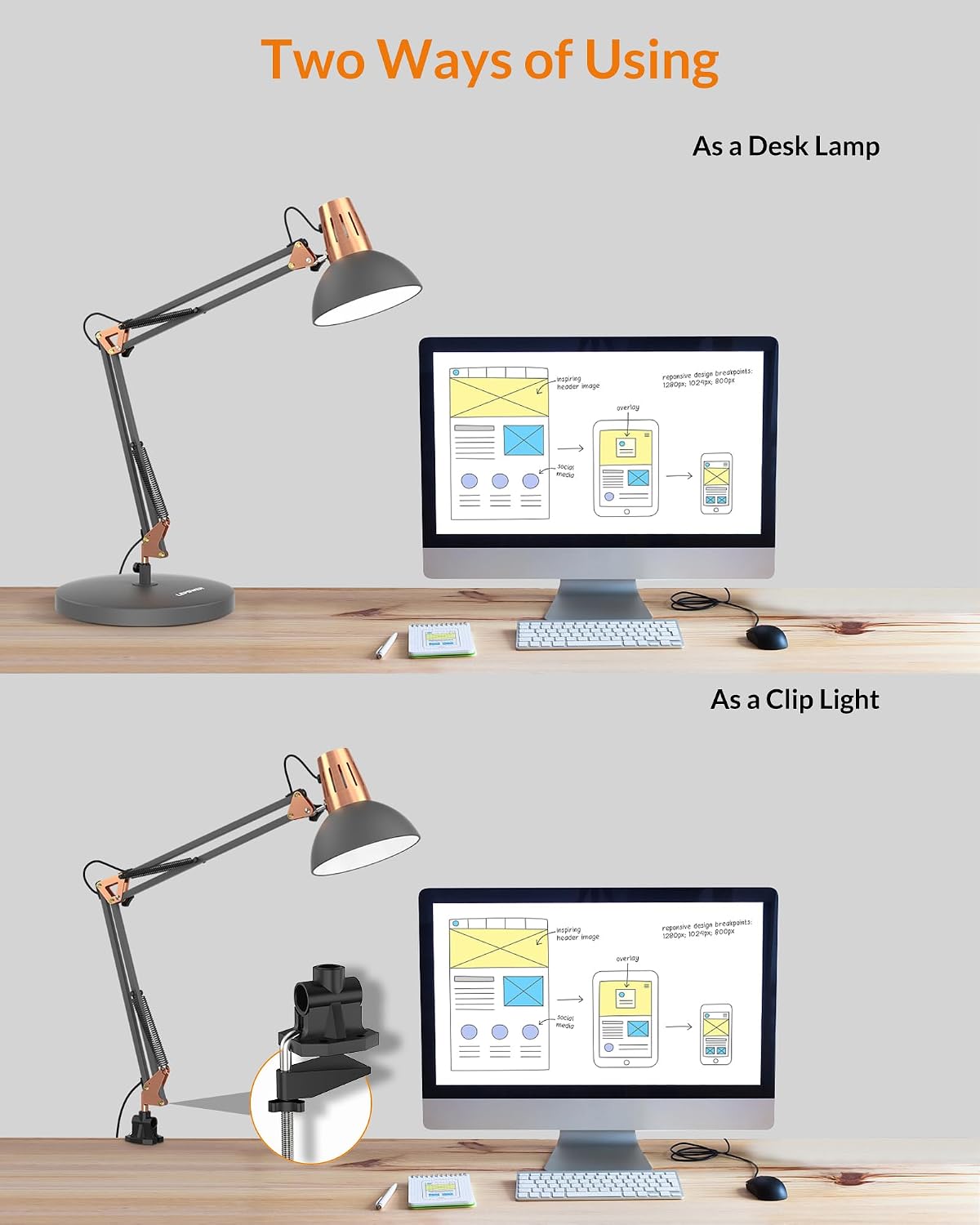 lepower metal adjustable desk lamp with clamp, swing, side view