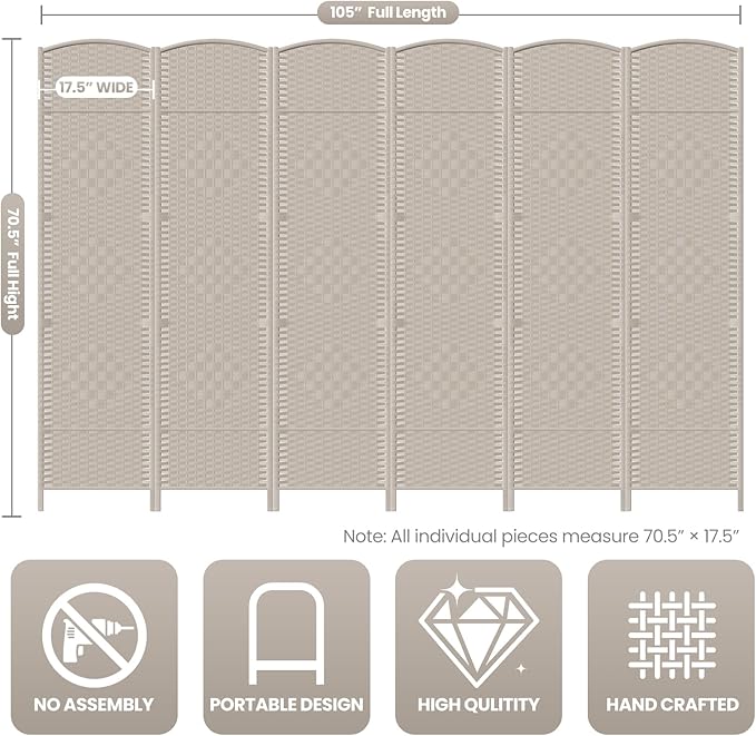 Cocosica 6 Panel Room Divider, 6Ft Folding Privacy Screen, Tall - Image 3