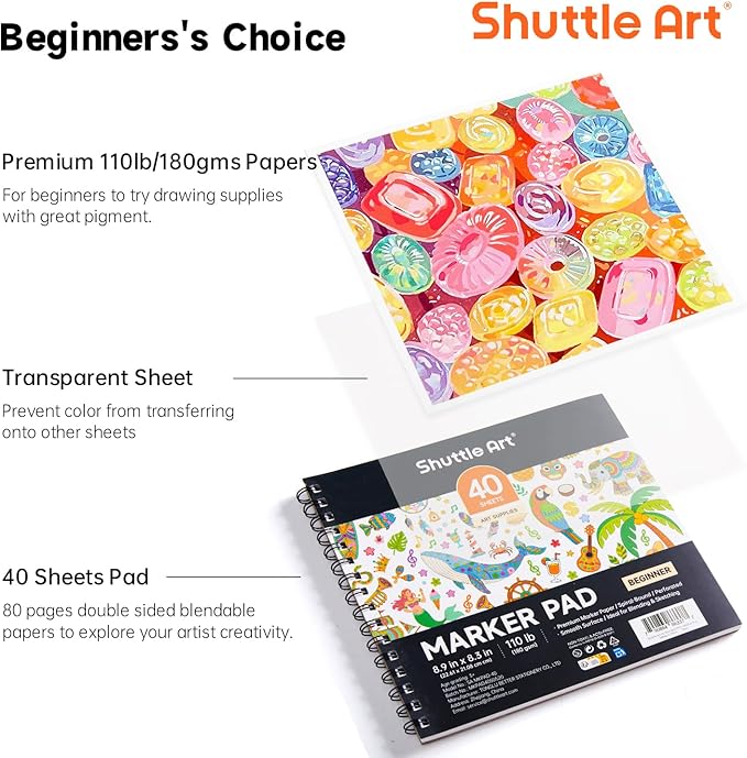 Shuttle Art Marker Pad, 8.9”x8.3” Portable Sketchbook, 40 Sheets Marker Drawing - Image 2