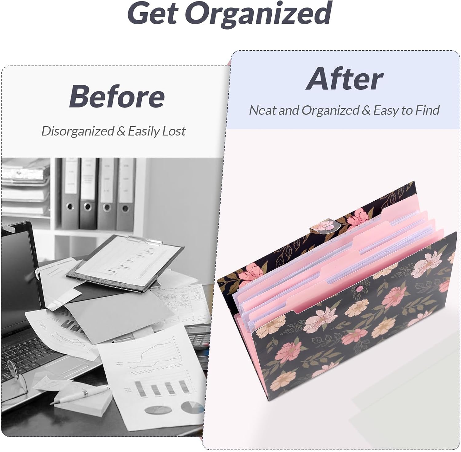SKYDUE Accordion File Organizer, Floral Expanding File Folders with 5 Pockets, Cute Document Organizer for Paper Bills Receipt Storage, School Office & Hospital Supplies Letter/A4 Size Navy Blue